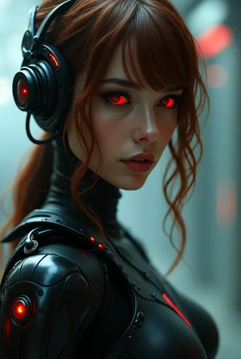 Sexy younger evil robot like woman from the future with nice features brown hair evil red eyes and gadgets