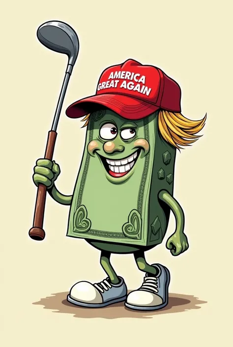 Make a carton money with a golf club and a red hat that says make America great again