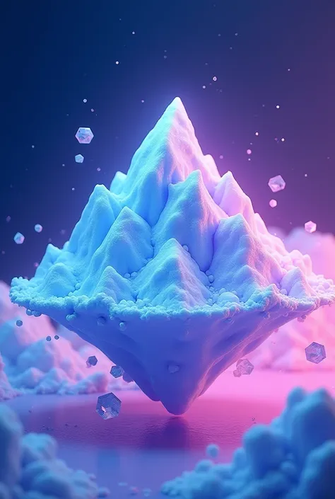  conceptual logo without text for an ice company ,  futuristic retro style mixed with 3D , a floating mountain like Everest with a hyperrealistic texture ( soft cracks , Bright reflections),  stylized cold vapor waves surrounding ,  small hexagonal snow cr...