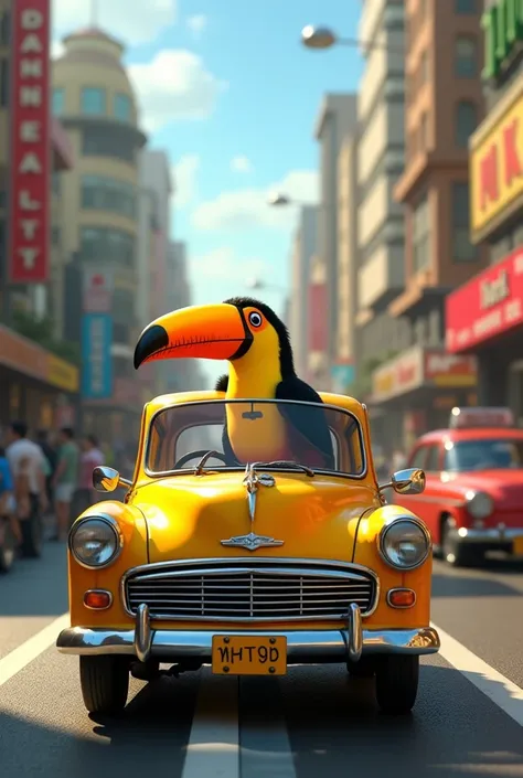 Toucan driving a taxi