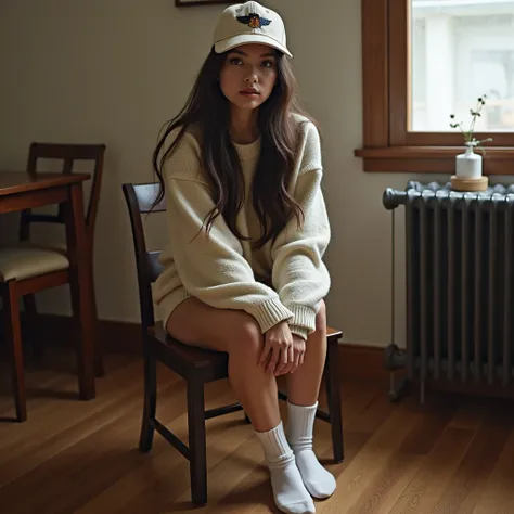  I see a person sitting on a chair in a casual and relaxed pose with legs under the chair and hands hugging the knees,  She wears an oversized school-style sweater, white socks and a cap backwards  .  The atmosphere seems to be in an internal space , with ...