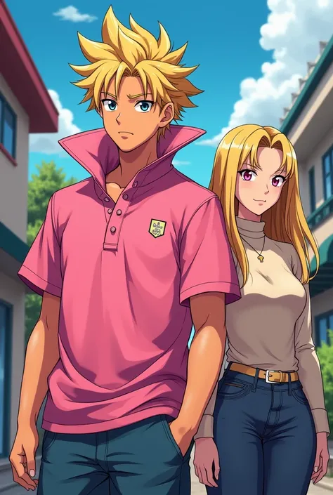 Anime boy with blonde hair wearing a Massive pink popped collar polo with his douche of a girlfriend wearing a turtleneck