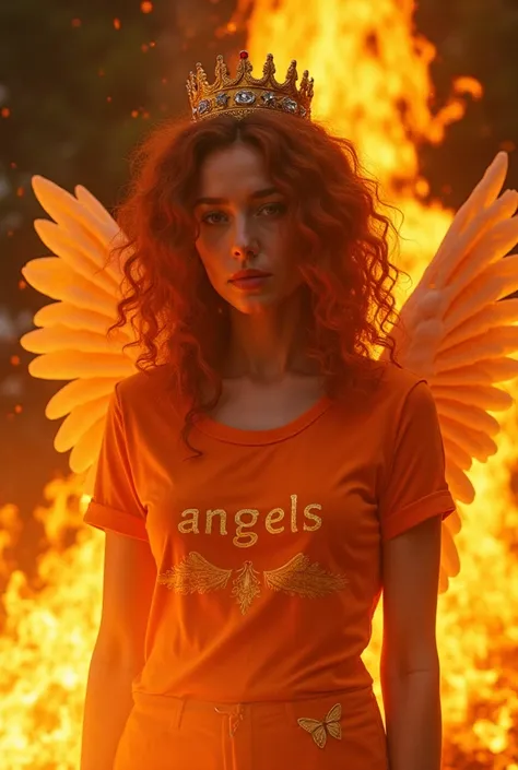 Burning woman with curly copper-colored hair wearing an orange shirt with letters that read angels with angel wings and princess crown