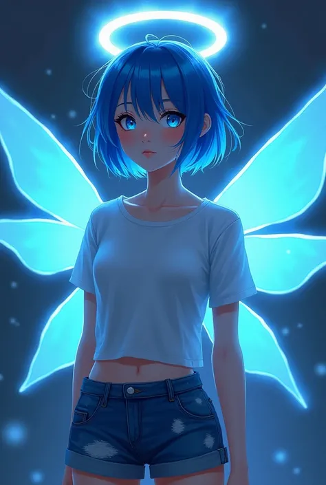 25 year old woman. Sankta. Wears relaxing clothes like a T-shirt, shorts and occasional a jacket. Blue short hair, bright blue eyes, luminescent halo above her head and unique shaped luminescent wings. A living gorgeous.