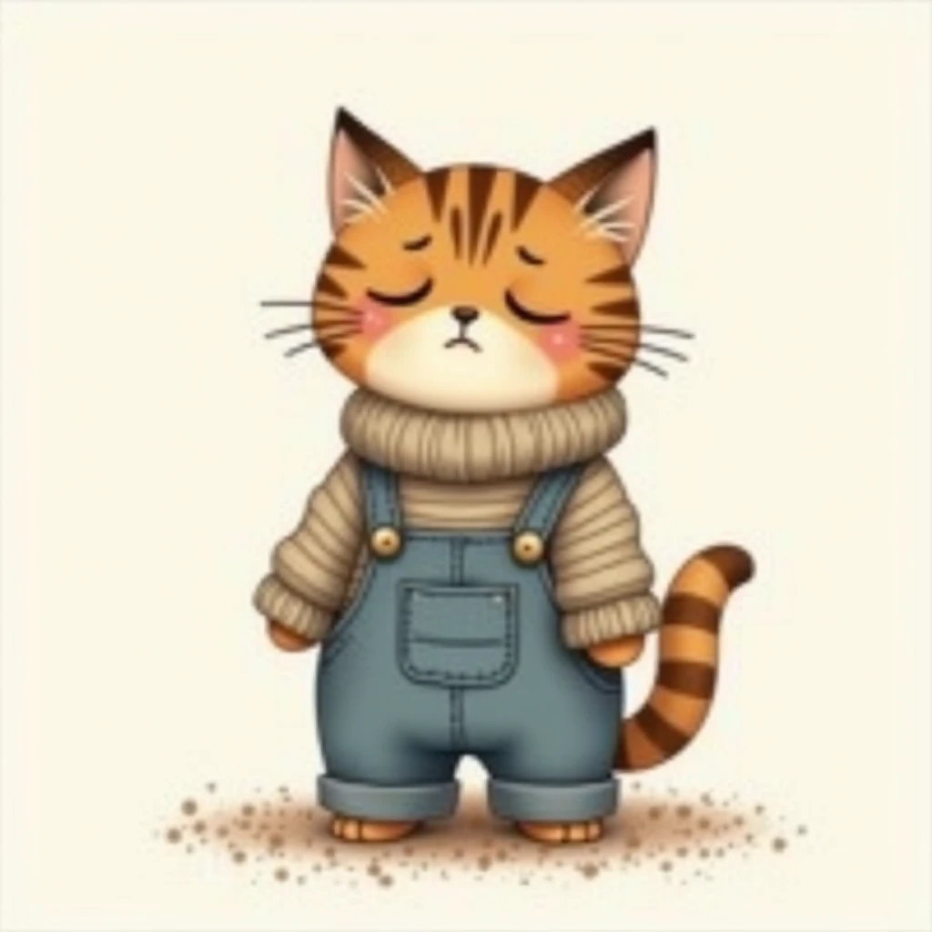  simple illustratio ((hand drawn style)) Brown tiger cat wearing sweater and overalls　 crying