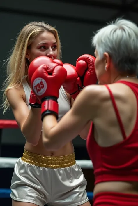 A beautiful blonde woman, wearing white metallic short shorts, gold belt, white socks, red boxing gloves, sweaty, being punched out in a boxing ring by a smaller gray-haired 50 year old woman wearing red athletic shorts and red boxing gloves 