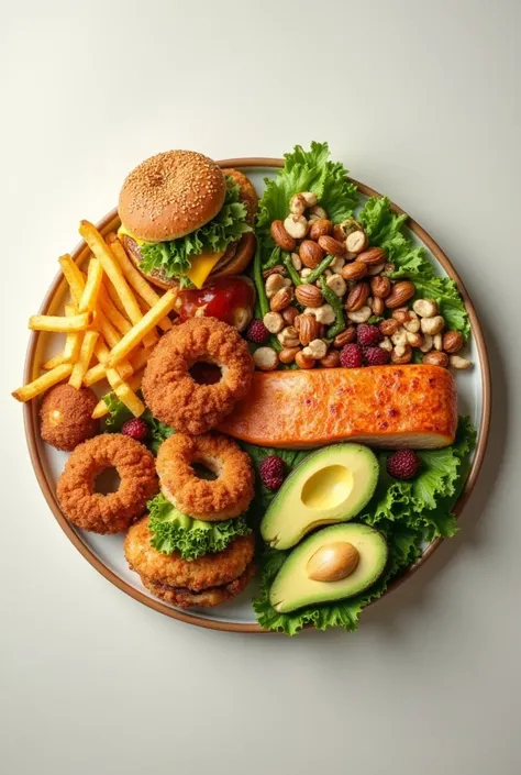 A split-screen comparison of two plates: one with unhealthy fried foods (burgers, fries, donuts) and another with healthy foods like avocado, nuts, and grilled salmon. Both plates are visually balanced for contrast.