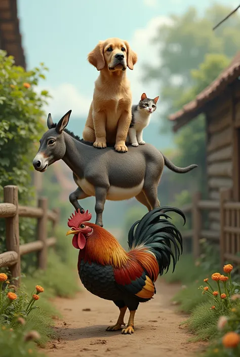 A dog is standing on a donkey, Cat , rooster 