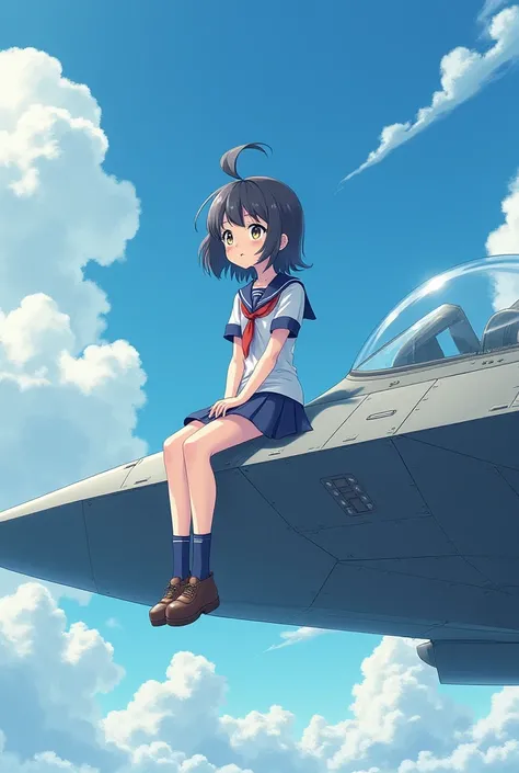  A girl, with more schooly attire, short blue skirt, A long sock, And also a tie, Sitting on the wing of an F-22 Raptor, anime style photo