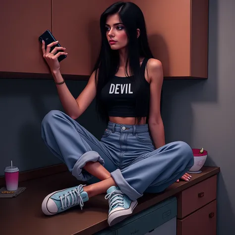  I see a woman with long straight black hair sitting on top of a kitchen bench. She is wearing a black cropped tank top with the word  "DEVIL",  loose jeans and light blue sneakers with the word  "air".  and is holding a cell phone in one hand and what app...