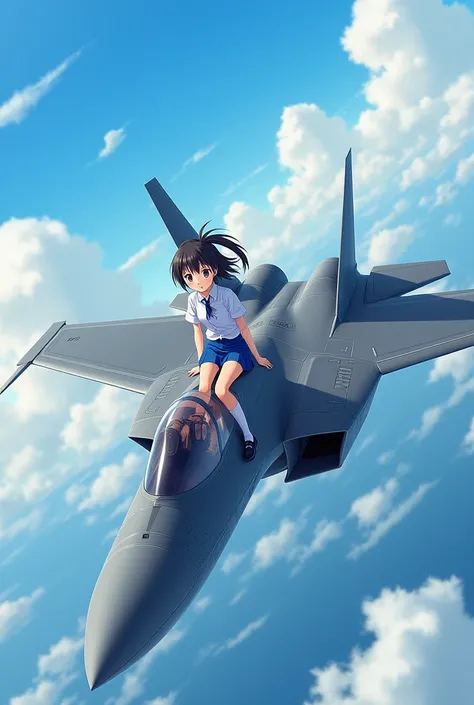  A girl, with more schooly attire, short blue skirt, A long sock,  and also a tie, Sitting on the wing of an F-22 Raptor, anime style photo