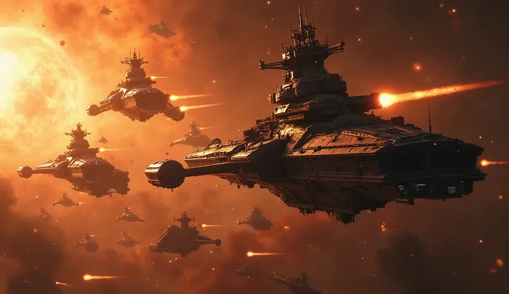 "A fiery battlefield in space, with the remnants of a Karthan armada floating in disarray. Human battleships dominate the scene, their hulls gleaming with battle scars and experimental weaponry glowing ominously. Shattered alien dreadnoughts drift amidst t...