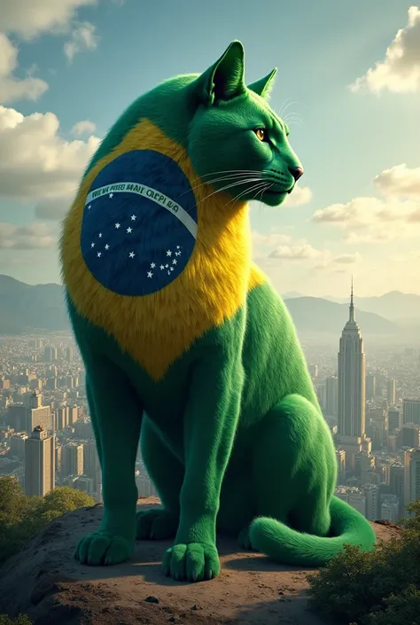 Make a gigantic cat on the side with the Brazilian flag in its fur and with a city in the background