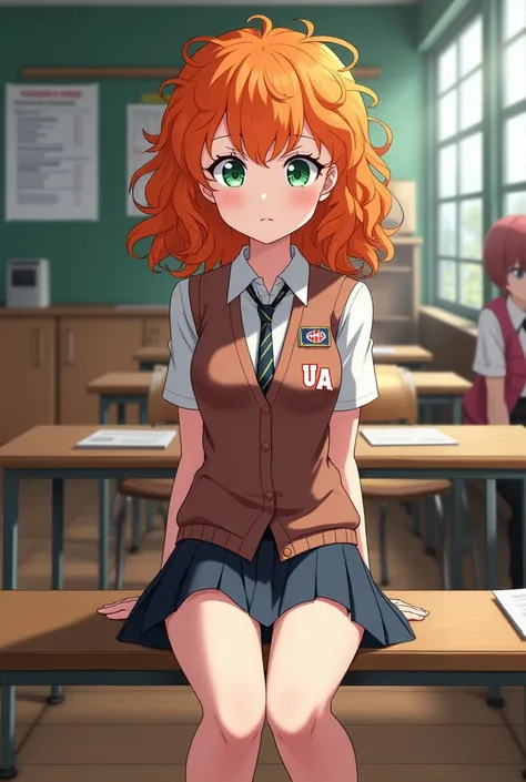  Screenshot My Hero Academia. 
A girl with curly orange hair and green eyes with bangs .  She has a UA uniform in the background of a UA class and is sitting on a bench