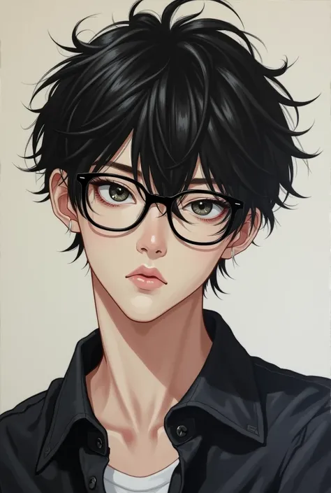 Realistic， Portrait Painting， boy，Messy black hair， Black Frame Glasses，bigotry，Yandere，handsome guy， Delicate skin ，Pretty Face，， High school students ，Godless Eyes