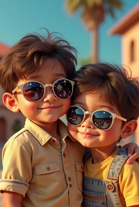 The Mi want a short video to put on YouTube in Arabic about a boy and his cousinodèle is wearing glass sunglasses with stars and the moon on the glass.