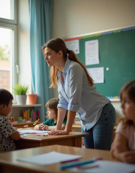 Side view, a beautiful teacher standing with her hands on a table in elementary school. Body leaning forward, on all fours