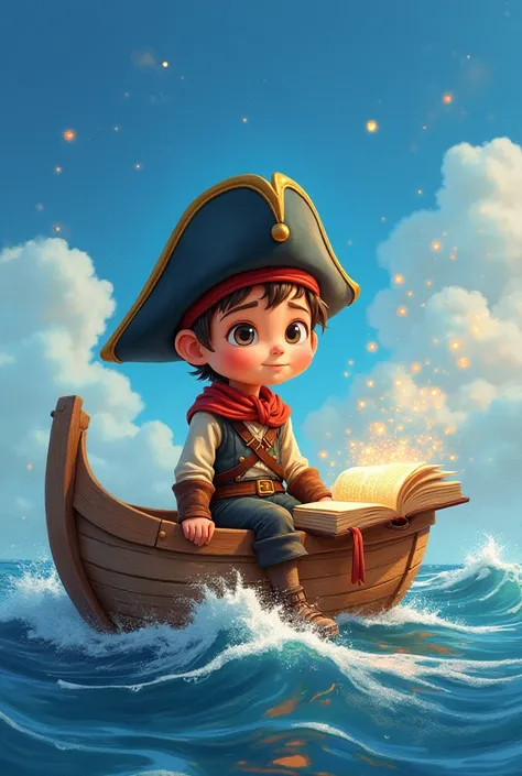 Image en haute qualité et haute résolution, Enfant petit garçon déguisé en marin sur un bateau pirate , He I is sitting on a boat in the open sea, In front of him , A giant book is opened and sparks come out of the book,  Pixar watercolor style 