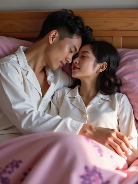 Asian man and woman wearing white pajamas on the bed with their romantic shared pink blanket covered in beautiful shades of purple 