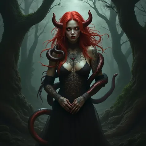 Demonic red head woman with snakes in the forest gothic style