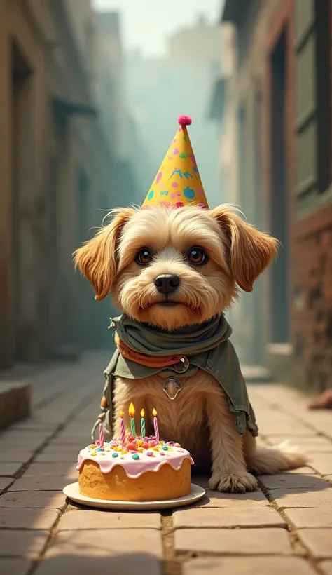 A little dog wrapped in old rags in a meter with a birthday cake in front of it and a party hat