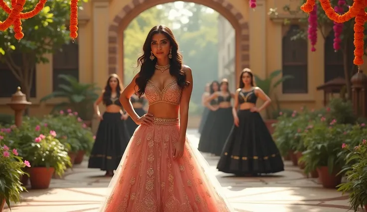 A glamorous Indian woman, positioned slightly off-center to the right, is the focal point of the image. She is wearing a stunning, shimmering pink lehenga choli with intricate gold embroidery and a modern deep V-neck blouse, exuding elegance and grace. Her...