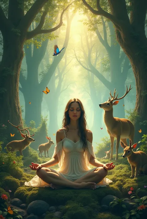 n a terrible forest, a beautiful girl is meditating on God, surrounded by many animals and birds