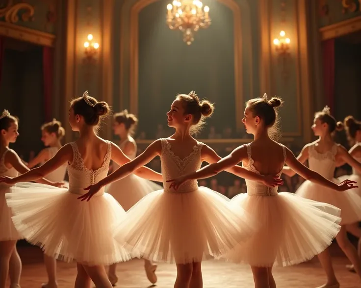 Create a photo of ballerinas dancing in the annual show of ballet with the theme of Memories and nostalgia