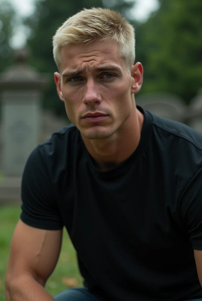 Man with a black shirt with blond hair, light eyes, very very muscular, but kind really very very very very very very muscular, collected in front of a tomb the man is quite young, his hair is shaved, buzz cut, he is kneeling in front of the grave and he i...