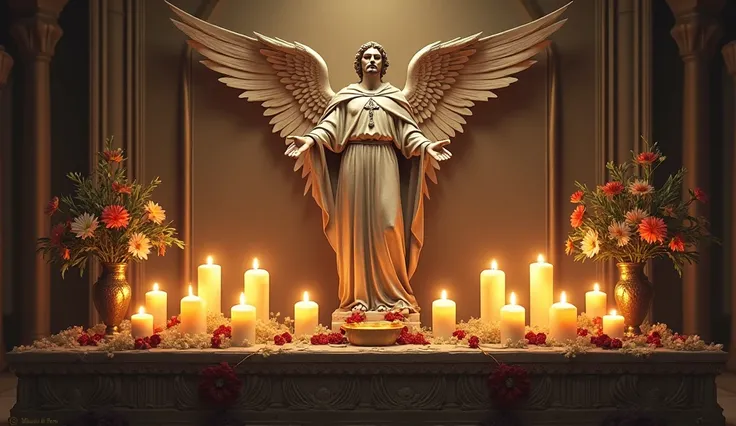 An altar with the image of Saint Michael the male Archangel,  surrounded by burning candles and flowers , in a prayer setting ."