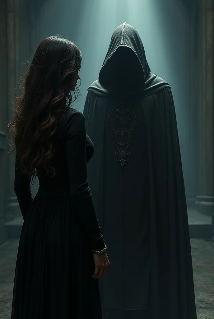 A man in a hood,  and in the front a woman with her back to the image, looking at him with long hair 