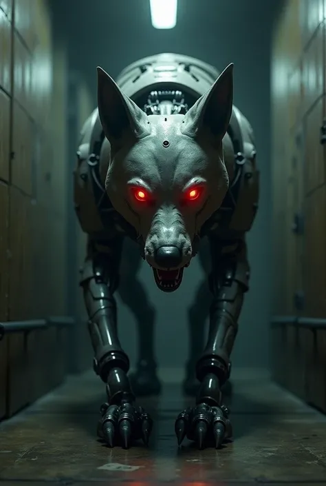 In an unjust corridor, the face of a scary dog robot appears