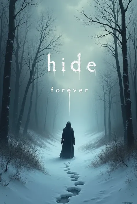 Create a cover image with a title "hide: forever " with a winter theme in the background