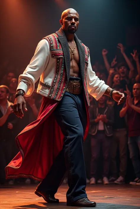 Black man with a shaved head salsa singer with costume: Warm shirts  (white, burgundy, Dark blue)  and sober details such as scarves or light jackets.