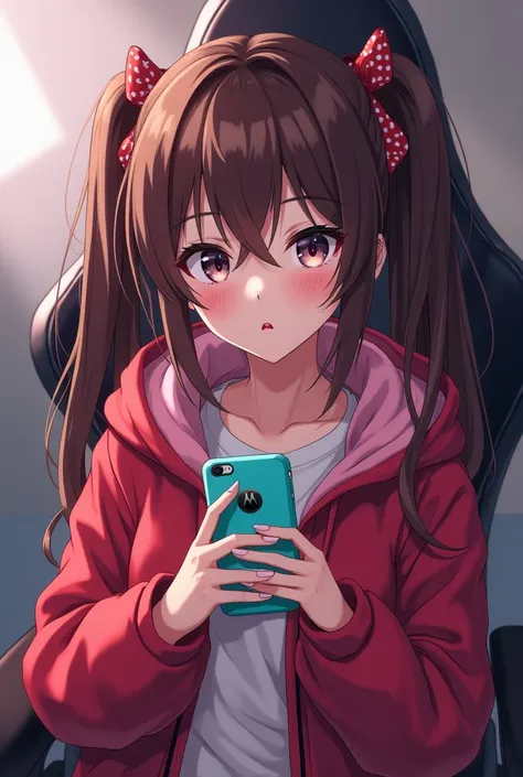  Make an anime girl with brown hair and eyes,  big hair and Chiquinha's hair being tied by reddish and half-pink ribbons, with a reddish and half-pinkish coat, Holding the Motorola One Macro cell phone with a baby blue case sitting in a gamer chair.