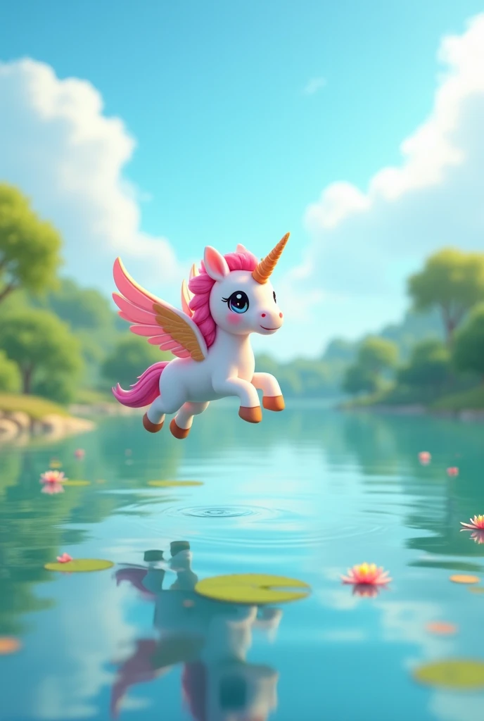 Lowbrow art, 3D chibi pegasus flying over a crystal cost lake 