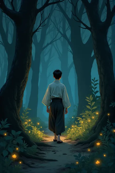 Create a gouache-style drawing of a 16-year-old feudal Japanese boy from the 15th century walking through the forest at night. 