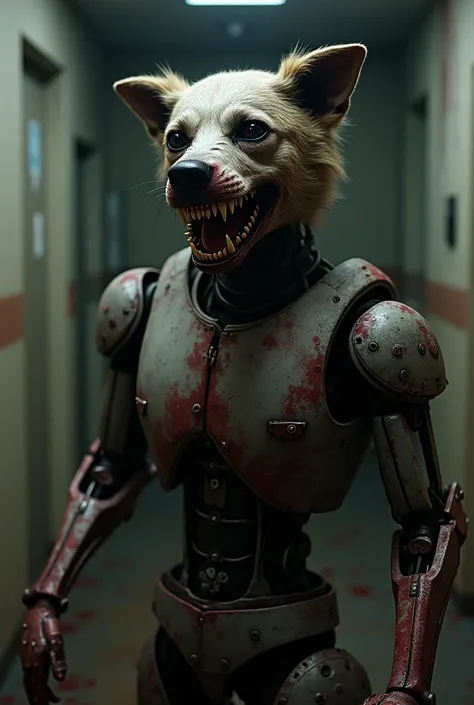 In a very unfair corridor, a robot appears with the head of a dog on the body of a robot that looks like Freddy and is stained with blood and smiles with a scary smile