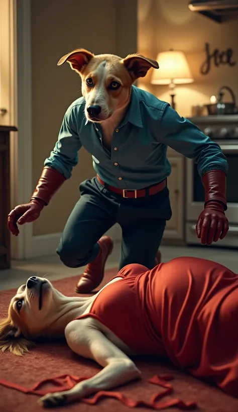 A male dog, dressed in a smart blue shirt, tailored pants, a leather belt, red boots, and gloves, enters the room hurriedly. His eyes widen in shock as he sees the unconscious  pregnant female dog, wearing a luxurious red silky gown, lying on the floor. He...