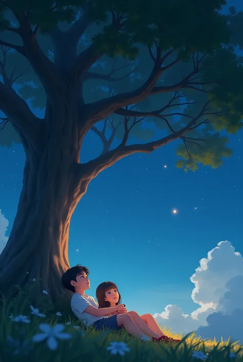 Create an image of a boy and a girl lying under a tree with starry skies