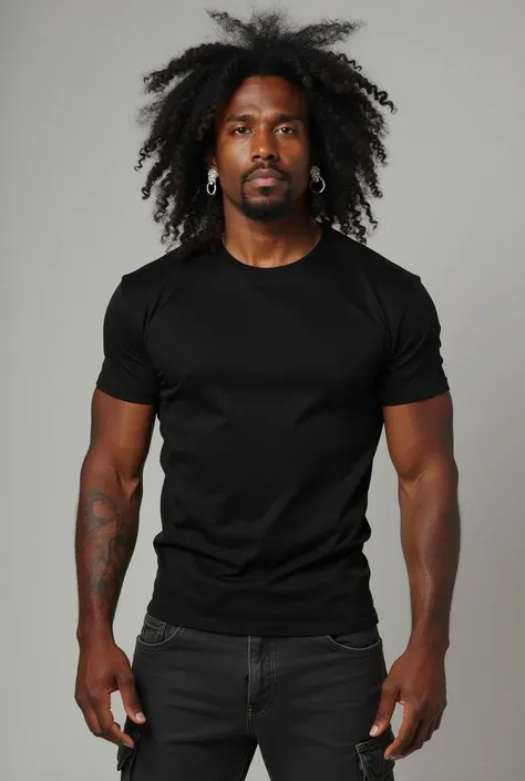 Short and strong black man and defined abdomen, aesthetic, Wear a tight black shirt, some cargo jeans and white shoes, He wears a pair of diamond earrings and has long curly hair on top and black on the bottom