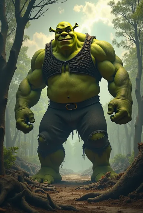 scenario:  In a devastated forest , } where fallen trees and cracked soil indicate the strength of the giants Who are there, shrek e hulk estão de pé lado a lado,  ready to face a colossal threat .  O The sky above is covered with dark clouds and rays ,  c...