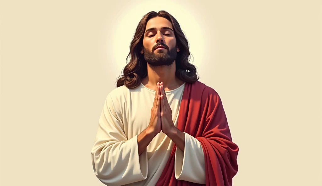 uma ilustração de Jesus Cristo In a prayer position . ensure that the following details are included: - Eyes: (must be closed ) -Hands: (In a prayer position) - Background : (none, focus only on the figure ) Remember the need for a respectful representatio...