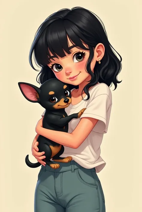  make an image of a teenage girl with a heart-shaped face with black hair and bangs in the center , That she's wearing a loose-fitting t-shirt and baggy pants,And that he is hugging his black Chihuahua in cartoon mode  