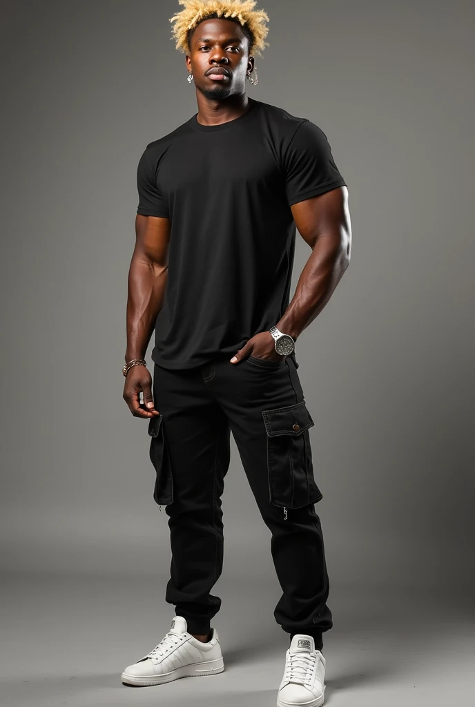 Short and strong black man, Muscles , aesthetic, Wear a tight black shirt, some cargo jeans and white shoes, He wears a pair of diamond earrings and has curly blonde hair on top and black on the bottom