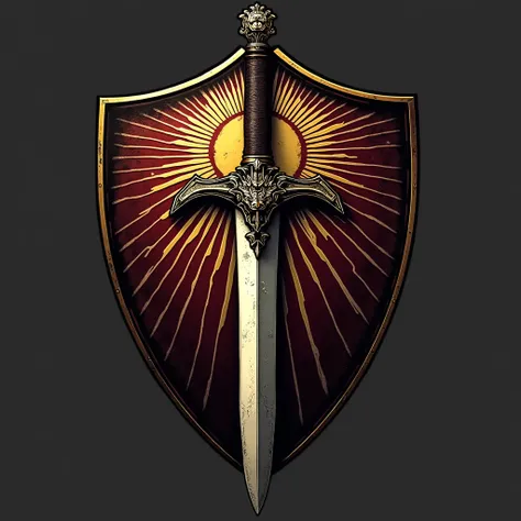 A bold emblem featuring an upright sword with a large shield behind it. The sword's hilt is adorned with an intricate dragon motif, symbolizing strength and heritage. The shield is engraved with a radiant sunburst pattern, symbolizing protection and glory....