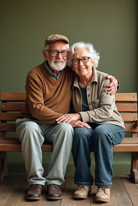  An elderly man wearing white-haired glasses wearing a cap next to an elderly white-haired woman wearing glasses that are hugged and happy ,sitting on a bottomless wooden bench showing the whole body looking straight ahead 