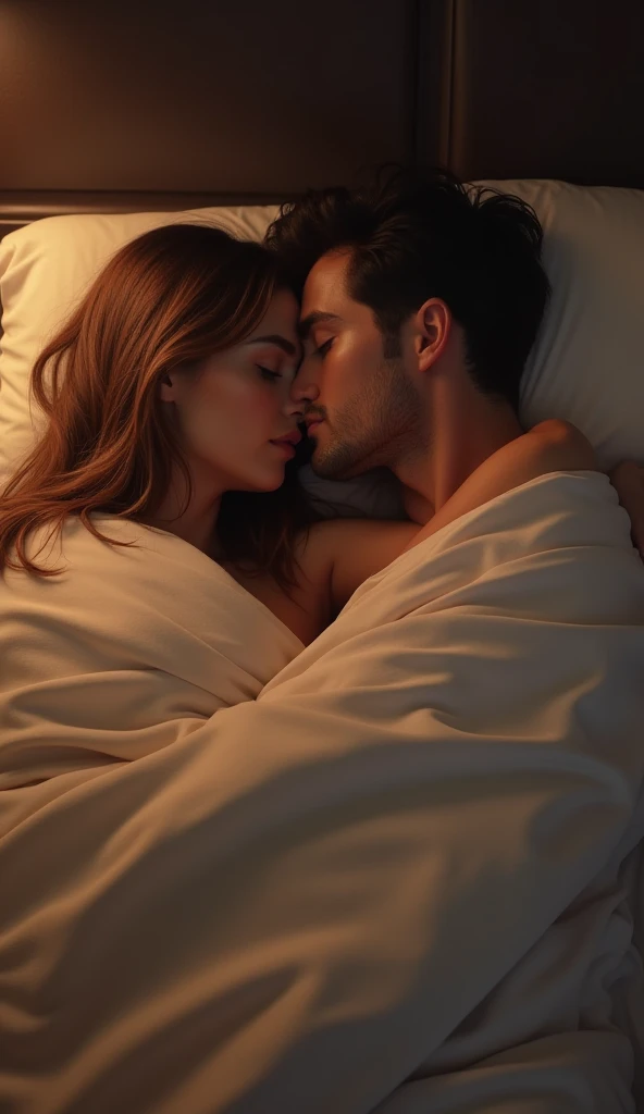 a woman and a man on bed totally covered by a blanket