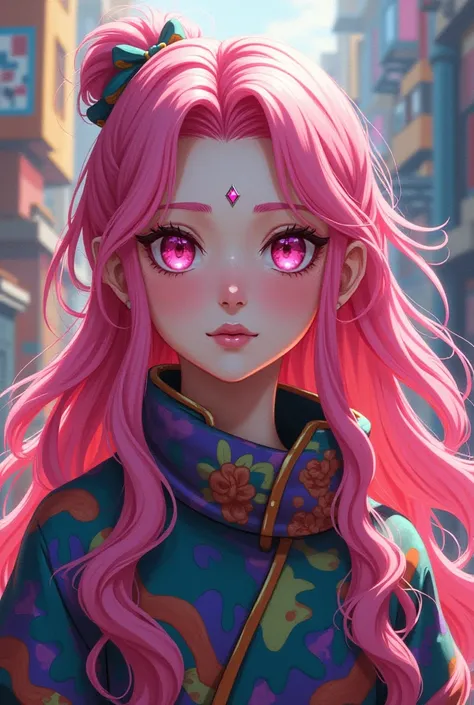  female character, long wavy pink hair, pink eyes, colorful shinobi clothes, a single small pink diamond on the forehead, impressionism style, colorful cubist style background , animd kishimoto