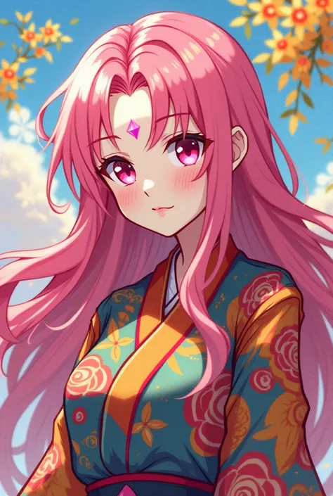 Impressionist art style, female character woman, long wavy pink hair, pink eyes, colorful shinobi clothes, a single small pink diamond on the forehead, impressionism style, colorful cubist style background , anime kishimoto